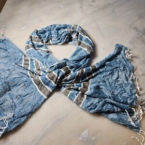 Blue Striped Viscose Scarf with Fringe Lightweight Fashion Accessory